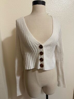 Urban Outfitters Cream Ribbed V-Neck Buttoned Cardigan